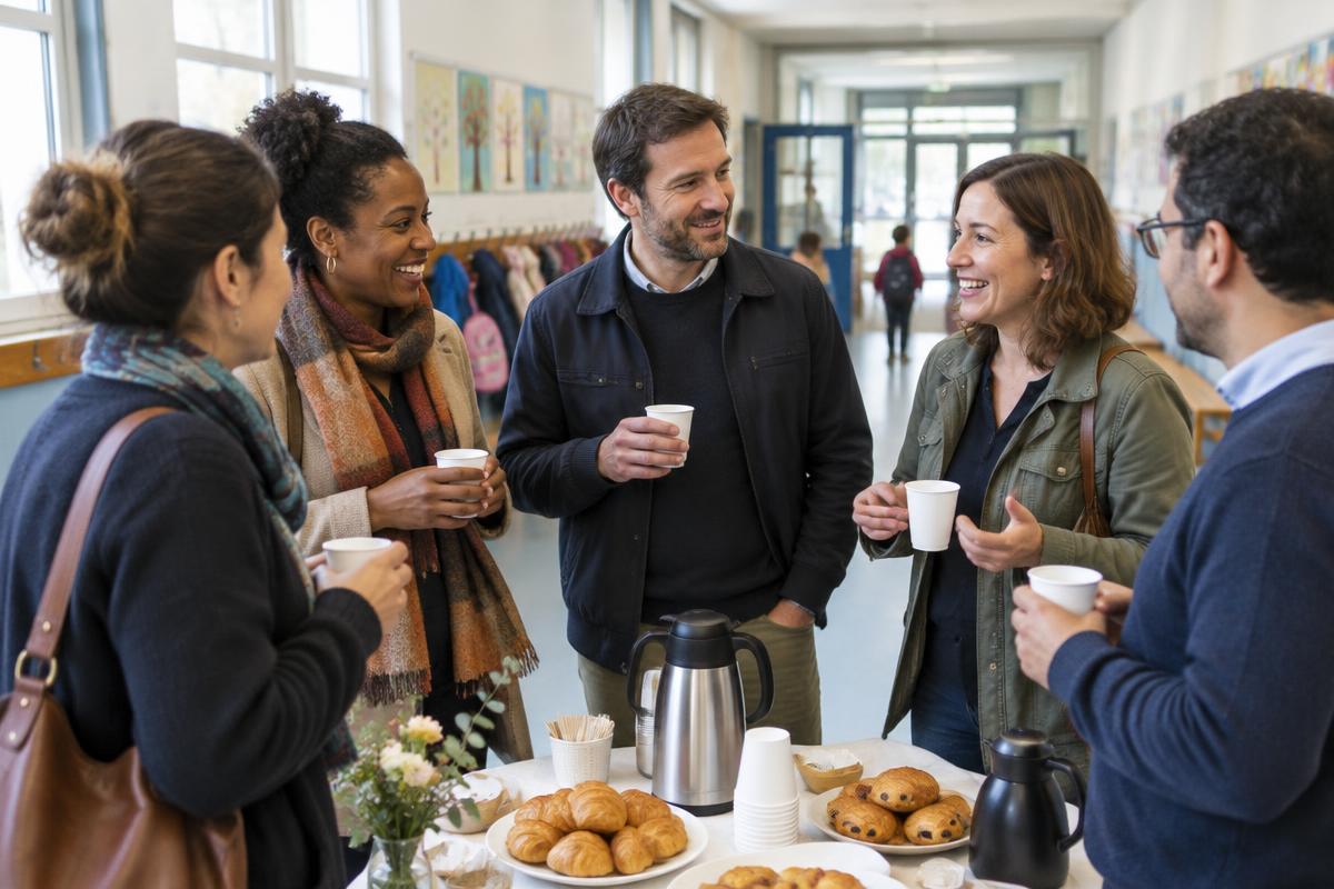 Parents partageant un café dans un hall scolaire