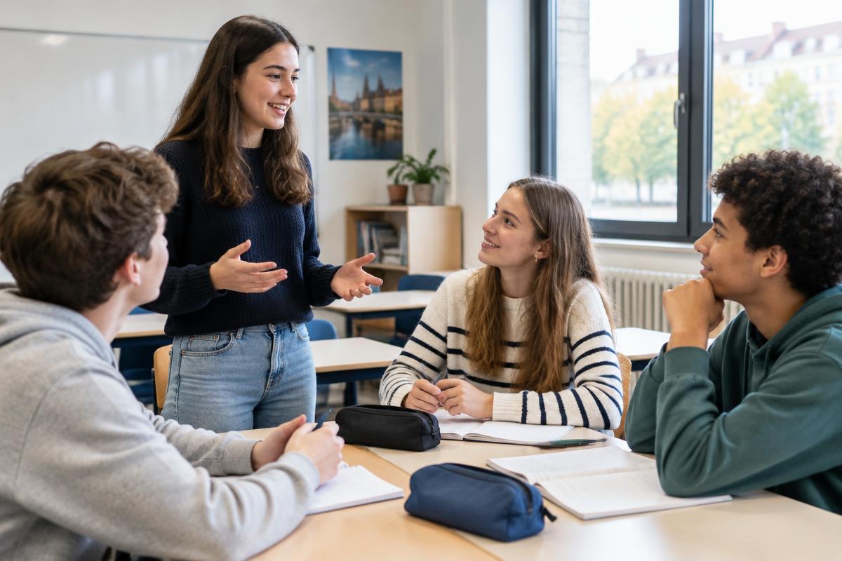 Élèves échangeant en anglais en classe