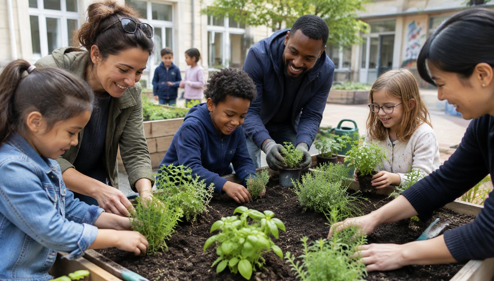 Mains travaillant ensemble dans le jardin pédagogique de l'école
