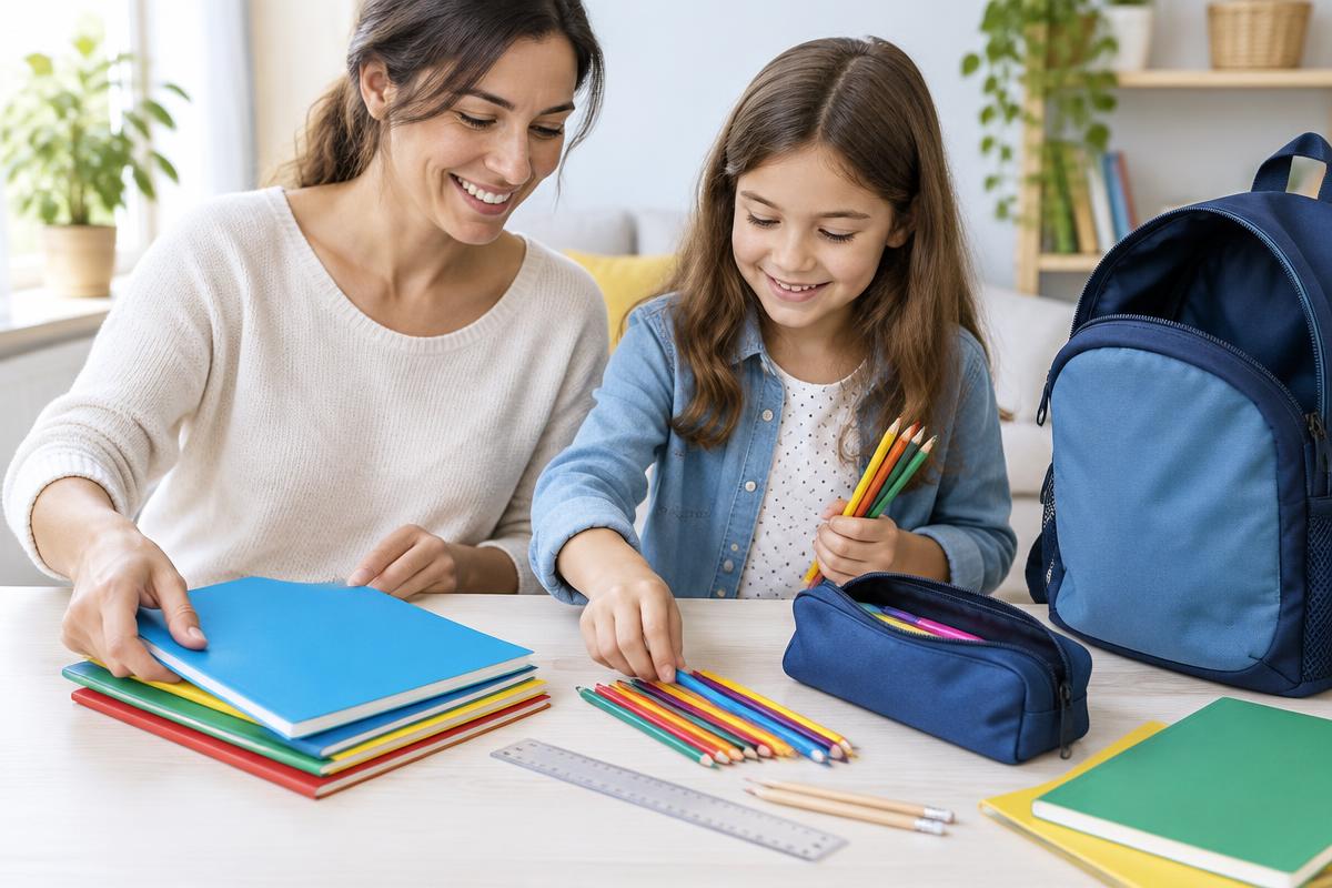 Préparation des fournitures scolaires en famille