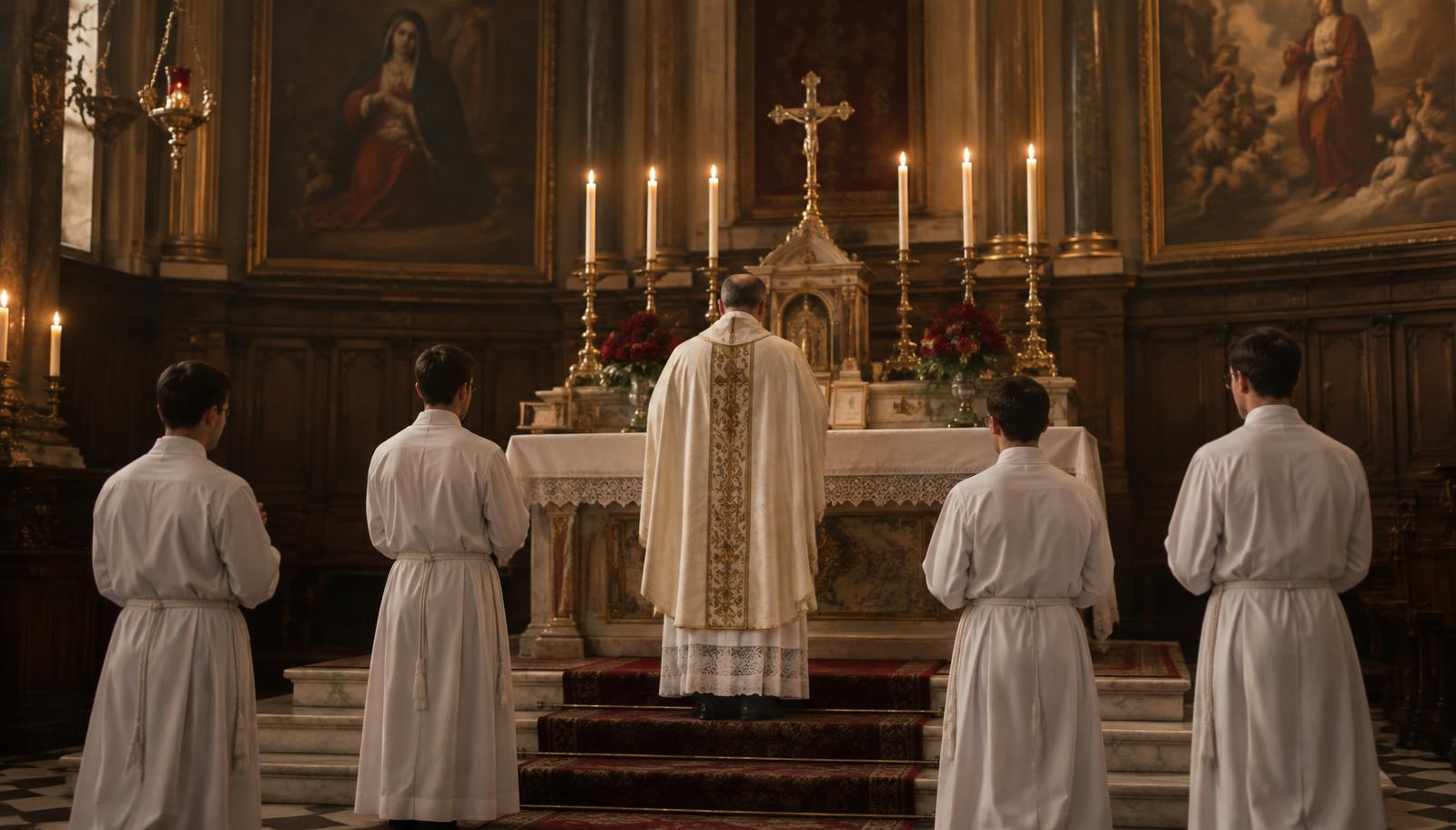 Prêtre et servants réunis devant un autel